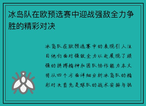 冰岛队在欧预选赛中迎战强敌全力争胜的精彩对决